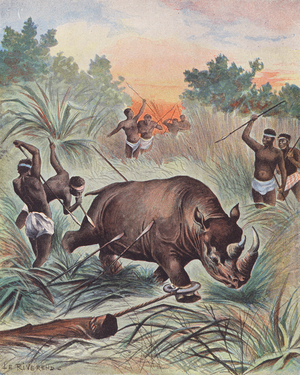 Hunting rhino in Africa (colour litho)