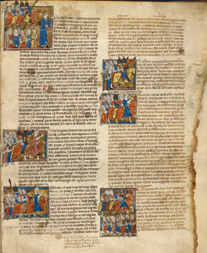 Six miniatures depicting the crusades. Text.