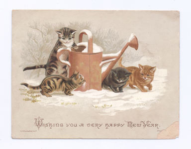 A Victorian New Year card of a kittens playing near a watering can, c.1880 (colour litho)