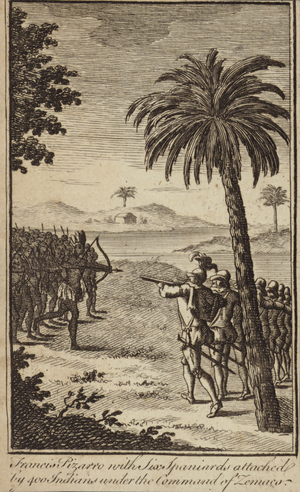 Spanish conquistador Francisco Pizarro and six soldiers attacked by 400 Indians under the command of Zemaco (engraving)