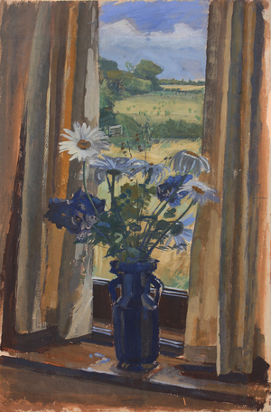Study with Shasta Daisies in a Blue Vase (gouache on paper) 