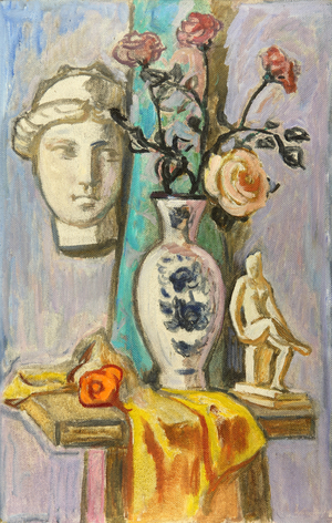 Still Life on Chair with Roses in Vase and Figurines, 1994 (oil on board)
