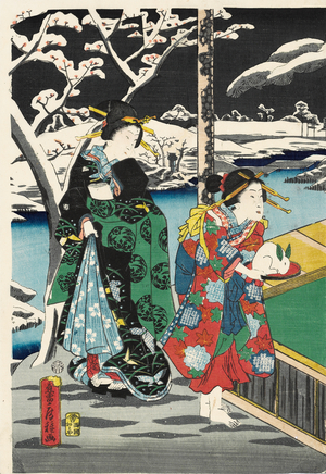 A panel from one of three triptychs depicting warriors and ladies, 1861 (colour woodblock)