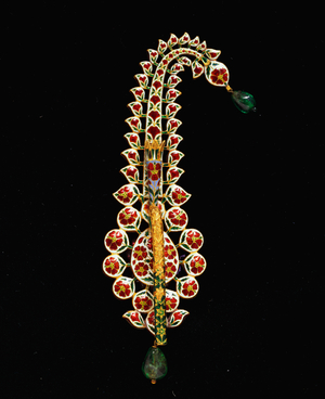 An antique Indian diamond, ruby, emerald and enamel jigha (diamond, ruby, emerald, enamel)
