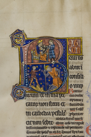 Decorated and inhabited initial 'B' featuring King David playing the harp, and the young David slaying Goliath, from Pslam 1 in an illuminated copy of Peter Lombard's Great Gloss on the Psalms (vellum)