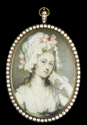 A lady wearing a white dress and mob cap decorated with pink bows, c.1780 (w/c on ivory in gold & pearl frame)