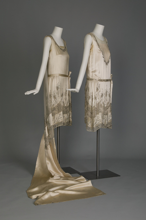 Wedding dress, 1927 (side oblique view), Silk satin, chiffon, rhinestones, glass beads, Blum's Vogue, Chicago Wedding dress and detachable train, 1927, Silk satin, chiffon, rhinestones, glass beads