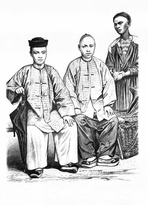 Germany / Malaysia / Singapore: left to right, Babas (Peranakan) from the Straits Settlements, a shoemaker of Singapore, "Munchner Bilderbogen", Braun & Schneider, 1861-1890