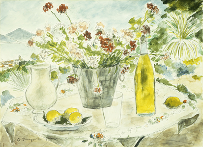 A Terrace in Saint Tropez; Terasse a Saint-Tropez, (watercolour, gouache, pen and black ink over charcoal on paper)