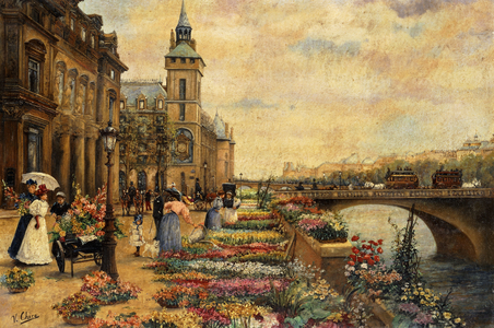 A Flower Market on the Seine,  (oil on canvas)