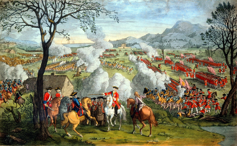 Battle of Culloden 16 April 1746, last battle of 1745 Jacobite rising under Charles Edward Stuart, the Young Pretender. English under William, Duke of Cumberland crushed Scots in 40 minutes. 18th century (hand-colored copperplate engraving)