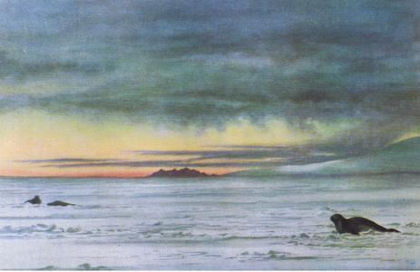 Looking north in McMurdo Sound, from British Adventure published by Collins, 1947 (colour litho)