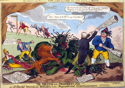 The Death of the Property Tax', George Cruikshank, 1816. Henry Brougham, John Bull, and British Lion attack hydra of Property Tax. George Tierney tells Britannia to rise. In background Prince Regent and his ministers on the run.