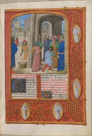 Temporale (1st portion: from First Sunday of Advent to Holy Saturday). 
The Jews threaten to stone Christ for blasphemy in Solomon's Temple (Passion Sunday). Border containing angels.Two columns of text.