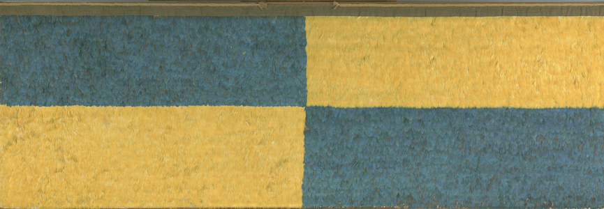 Panel with rectangles of blue and yellow featherwork, c. A.D.650-850 (feathers (blue and gold macaw), cotton cloth, and camelid fiber cloth)