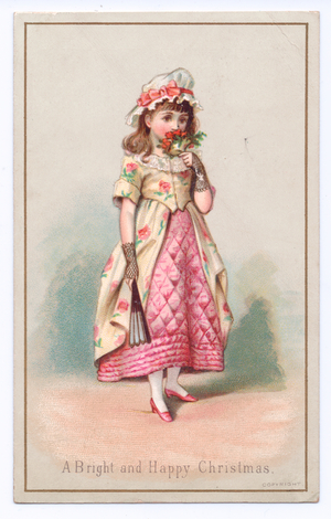 A Victorian Christmas card of a girl wearing a bonnet and holding a fan holding flowers to her nose, c.1880 (colour litho)