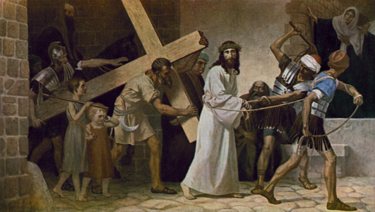 Simon of Cyrene helping Jesus to carry his Cross (colour litho)