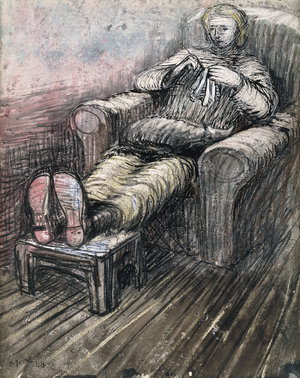 Seated Woman Knitting, 1948 (watercolour, crayon, pen and black ink heightened with white on)
