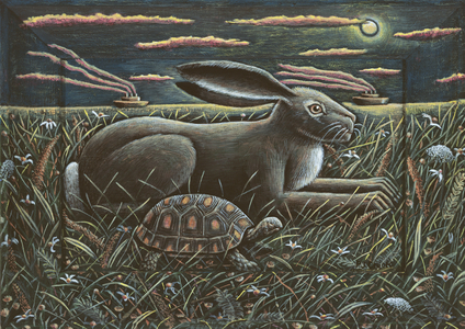 TORTOISE AND HARE, 2012 (tinted gesso on wood)