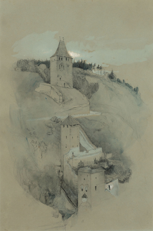 The Towers of Fribourg, Switzerland, 1856 (pen, black ink, and w/c over graphite heightened with white on blue paper)