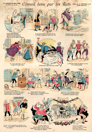 Illustration of La Fontaine's Fables The Council Held By The Rats, engraving, c. 1890