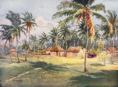 A native village (colour litho)