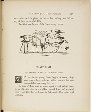 family of storks, fighting Verse and illustrations from A Book of Nonsense by Lear.