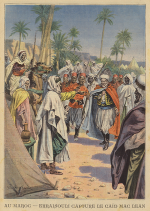 The capture of Sir Harry "Caid" Maclean by Mulai Ahmed er Raisuni, Morocco (colour litho)