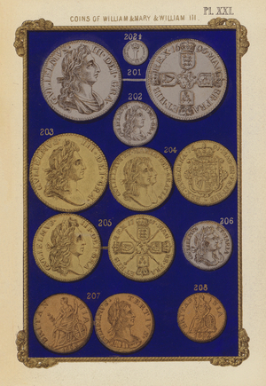 Coins of William and Mary and William III (colour litho)