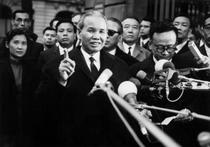 Mr Xuan Thuy Head Of Northern Delegation Vietnam Leaving The Conference Center Here Making A Statement To Journalists January 25, 1969 (b/w photo)