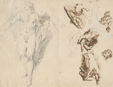 Apollo and Studies of the Artist's Own Hand [recto], 1730-1732 (pen and ink drawing)