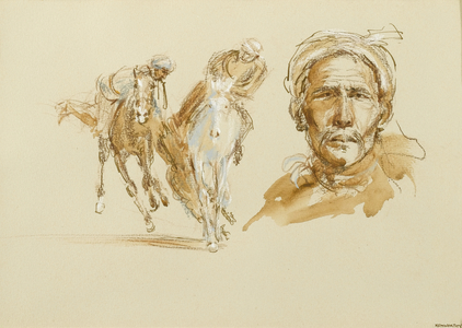 Afghan Head with Two Riders Fighting for a Carcass (pen, crayon, ink & wash on paper)