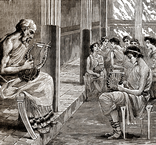 A school in ancient Greece: the teacher teaches the pupils to play the lyre, 1896 (Engraving)