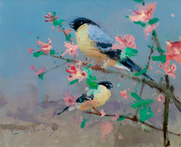 Bullfinches, 2019 (oil on board)