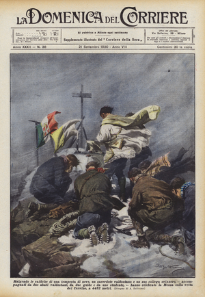 Despite the gusts of a snowstorm, an Aosta Valley priest and his Swiss colleague  (colour litho)