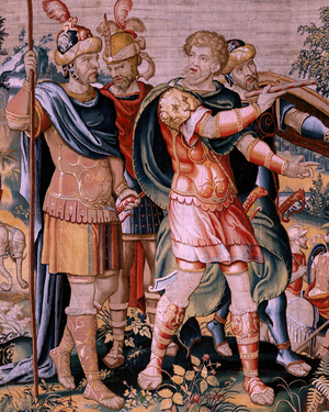 Flemish tapestry. Series The History of Hannibal. The crossing of the Alps (Paso de los Alpes). Second tapestry of those preserved. Models Anonymous master of the Netherlands. Brussels’ manufacture, workshop. Ca 1570. Fabric Wool and silk, 6,5/7 warps per cm. Size 354 x 479 cm. Location Cathedral of Zamora. Origin In the cathedral since the 17th century. On display Cathedral Museum.