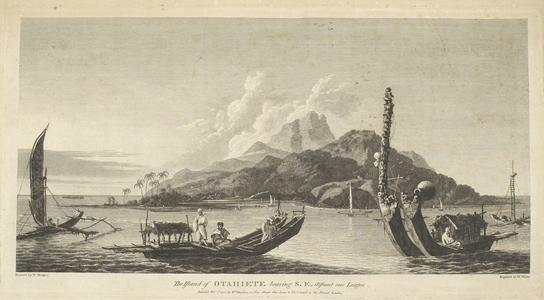 The island of Otahiete bearing S.E. distant one league. Painted by William Hodges and engraved by W. Watts. In the foreground, two double canoes, one with a cabin. Several other sailing vessels in the bay.