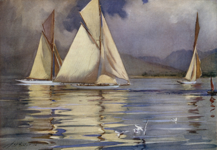 RNYC Regatta, 1906, Rothesay Bay, Yachts Rosemary, Vagrant, and Tigris (colour litho)