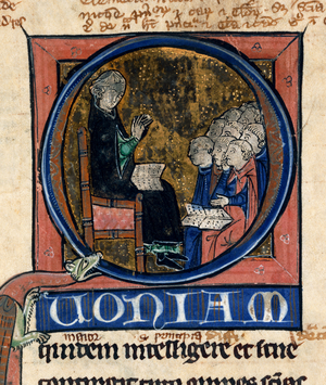 Historiated initial 'Q'(uoniam) of a teacher with students, at the beginning of the Physica