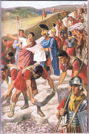 The Romans built many roads-these were mainly built by the legions (colour litho)
