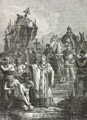 Charlemagne in 804 imposes Christian baptism on the Saxons (Engraving)