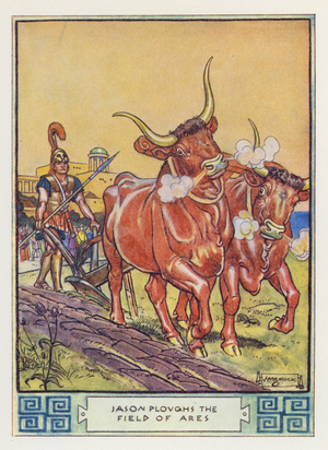Jason ploughs the field of Ares (colour litho)