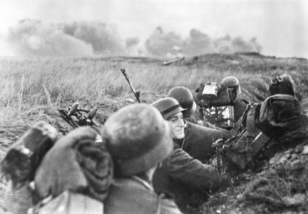 German Soldiers during combat in the battle of Vyazma and Briansk, 1941 (b/w photo)