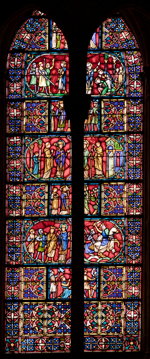 Interior, West façade, Stained glass window, Basilical church, Basilique Saint-Remi, Reims, Grand Est-Marne, France