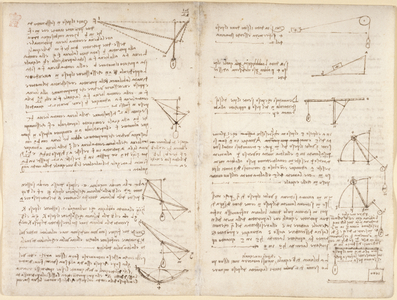 Arundel 263, f.7v, f.8 Notes and diagrams on mechanics, 1508 (pen & ink on paper)