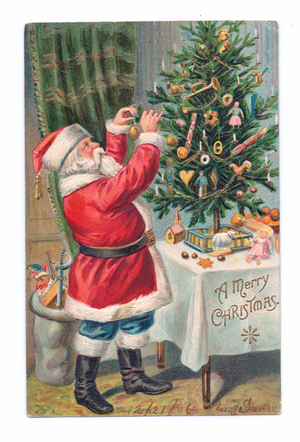 Edwardian Christmas postcard of Father Christmas decorating a Christmas tree, c.1910 (colour litho)