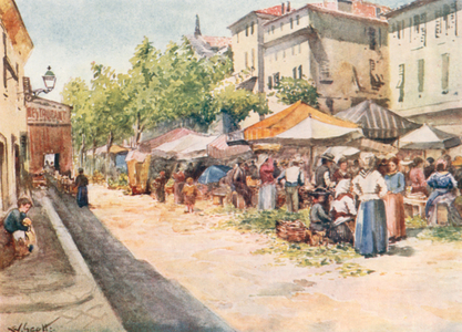 The Vegetable Market, Nice, looking West (colour litho)