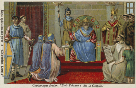 Charlemagne founding the Palatine School at Aachen, late 8th Century (chromolitho)