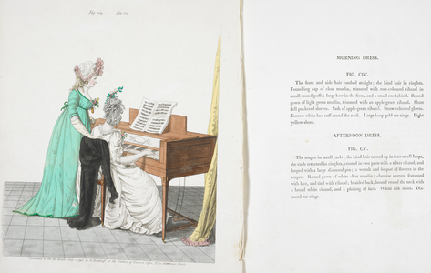 Morning dress and afternoon dress. Two women, one sitting at a piano. One woman wearing a green dress and one a white dress.