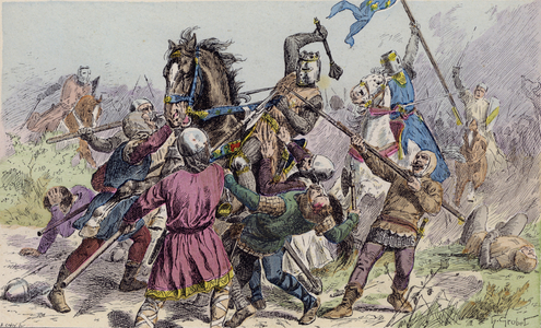 Philip Augustus at the Battle of Bouvines, 1214 (colour litho)